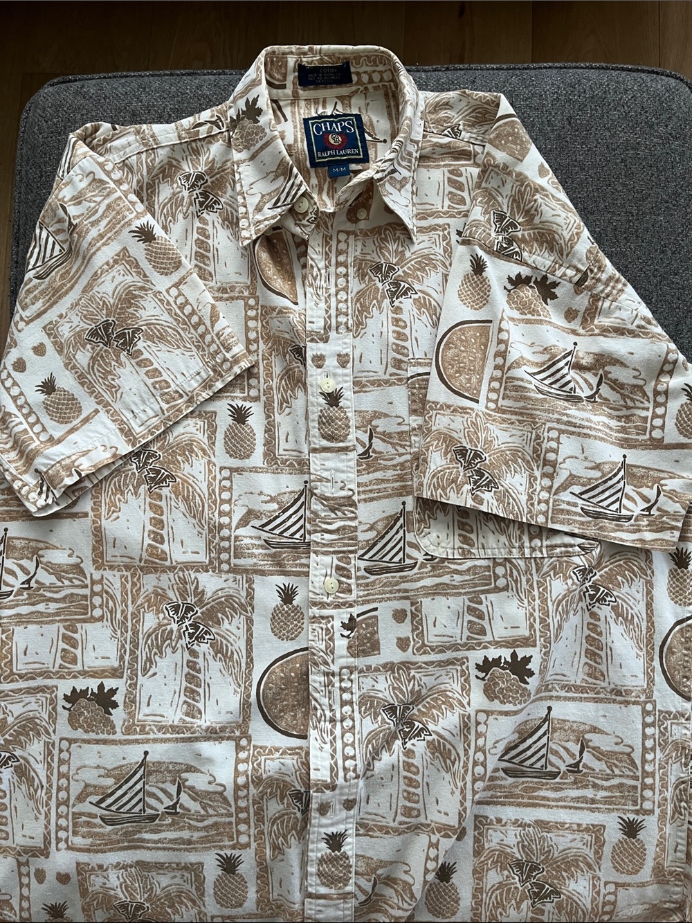 Chaps Casual Short Sleeve Tropical Print Shirt — Cream & Brown
